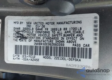 2006 Toyota Corolla S из США, поврежденный, VIN 1NXBR32E36Z660359